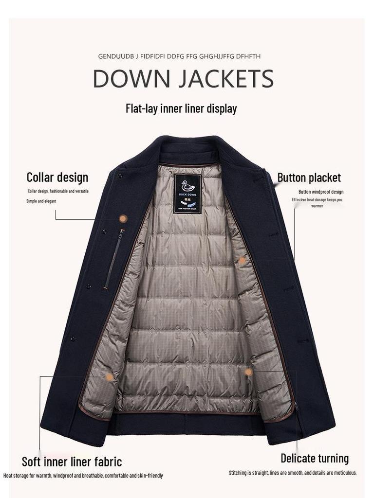 Men's Double-sided Mid-length Wool Coat with Lapel and Casual Down Liner