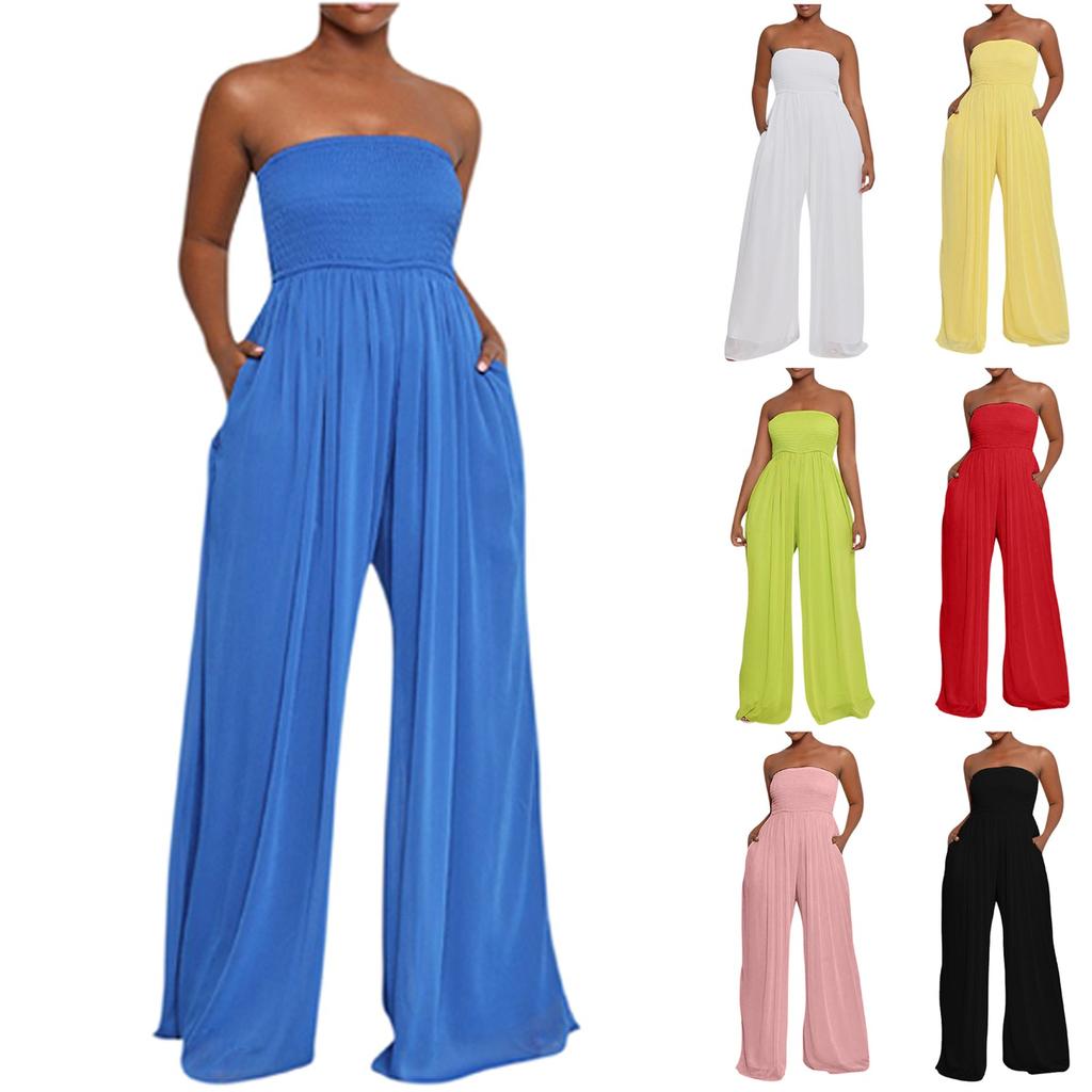 Women's Plus Size Strapless Tube Top Wide Leg Pants Jumpsuit Baggy Off Shoulder Overalls Smocked Romper With Pockets