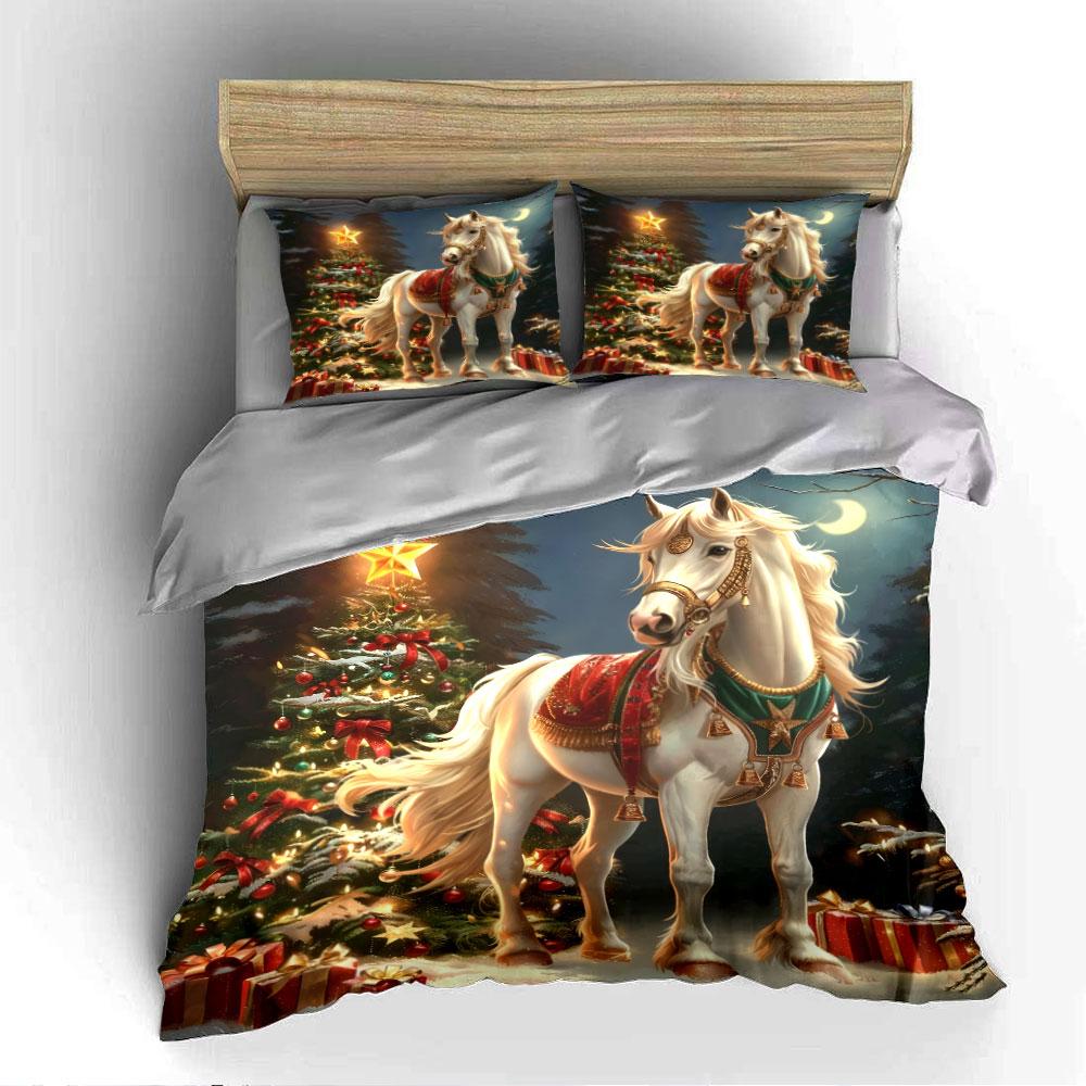 Christmas Horse with Tree Scene Bedding Duvet Cover Set (1*Duvet Cover 2*Pillowcases, Without Duvet Insert)