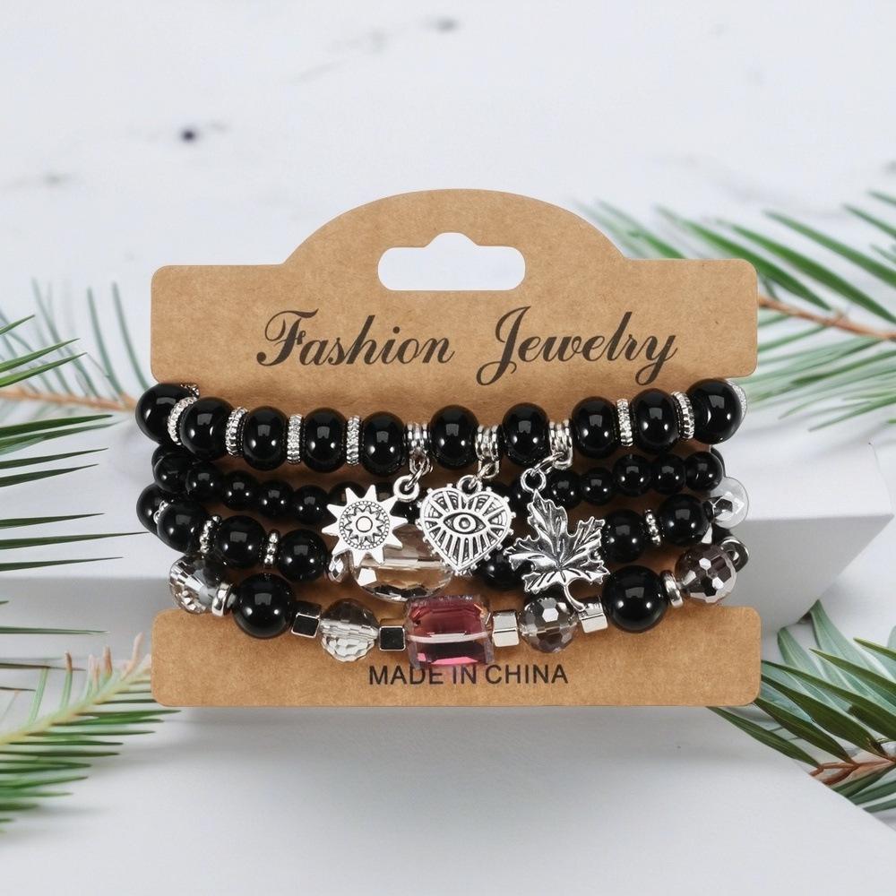 Bohemian Beaded Bracelet Set with Hollow Heart and Leaf Pendants