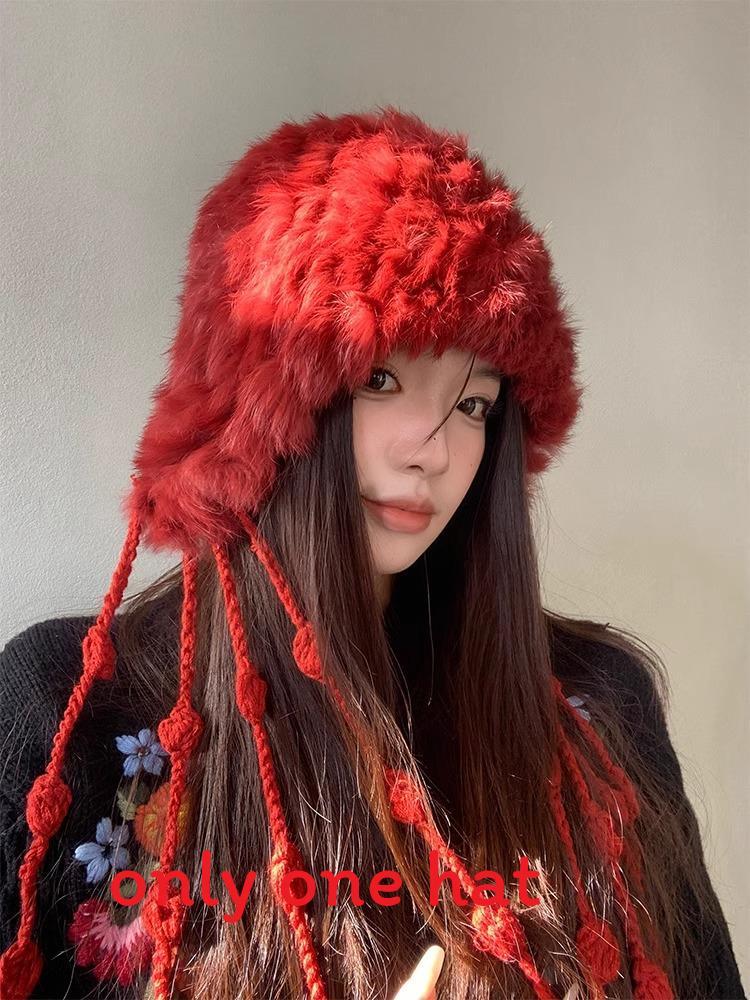 

Knit Bunny Fur Beanie For Women With Tassels Warm Winter Hat For Casual Wear красный
