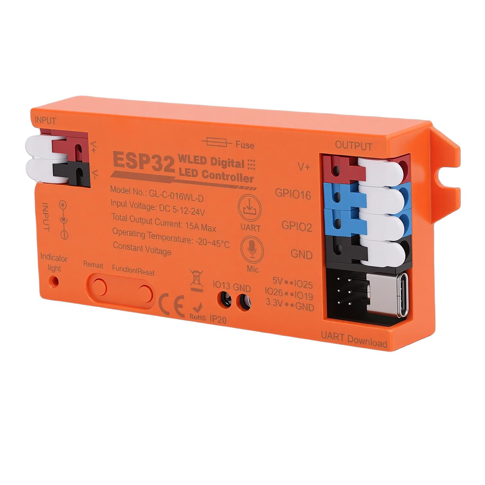 

LED Strip Controller Built in Mic 15A Fuse Support Dynamic Lighting UART USB C Download Energy Saving Relay APP Control