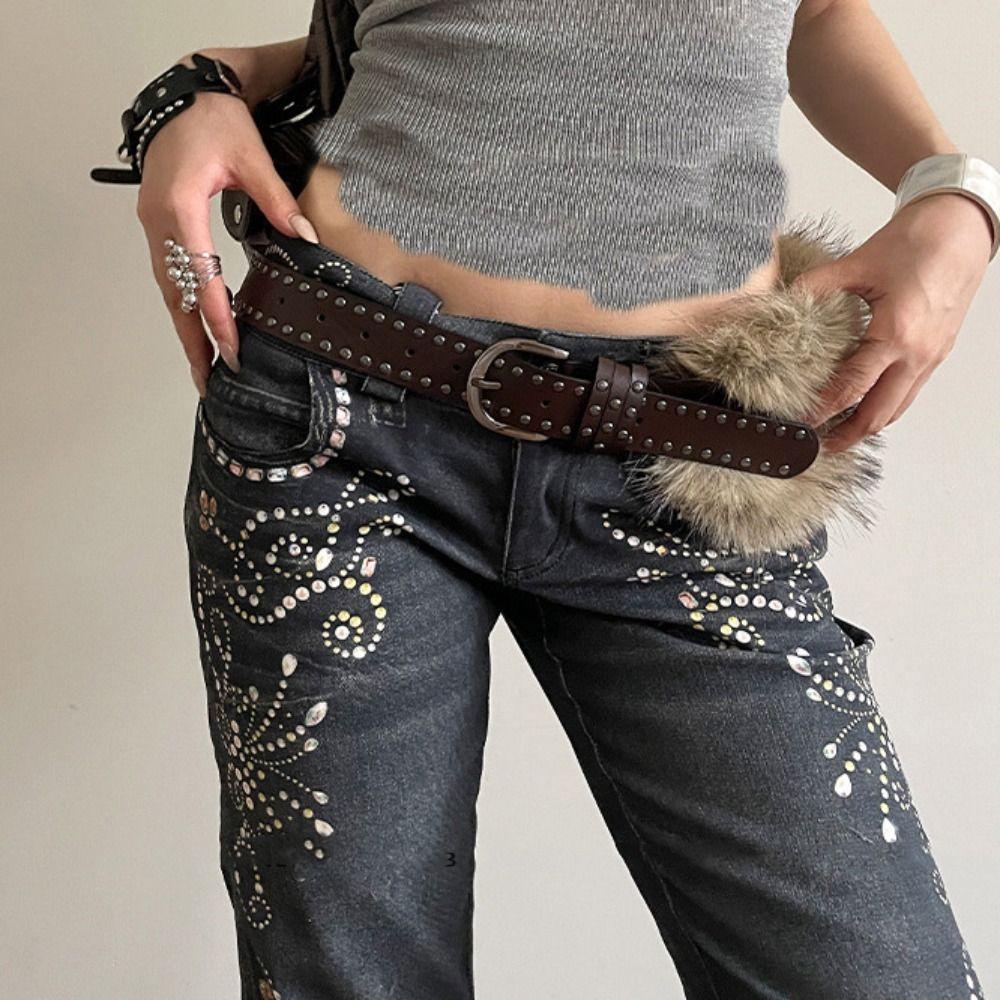 Western Style Y2K Waistband Faux Fur Plush Belt Personality Leather Fur Belt  Daily