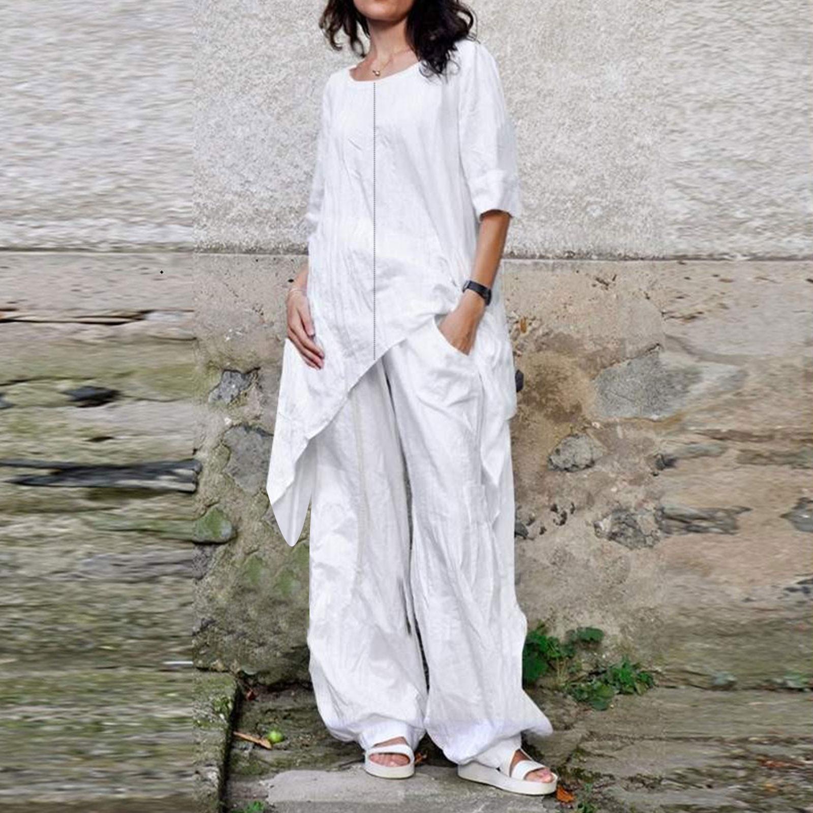 

Женский льняной костюм-двойка Льняной костюм Брюки и рубашки с рукавами три четверти с неровным подолом Повседневный брючный костюм Льняная блузка с круглым вырезом Свободное белье XXXXXL