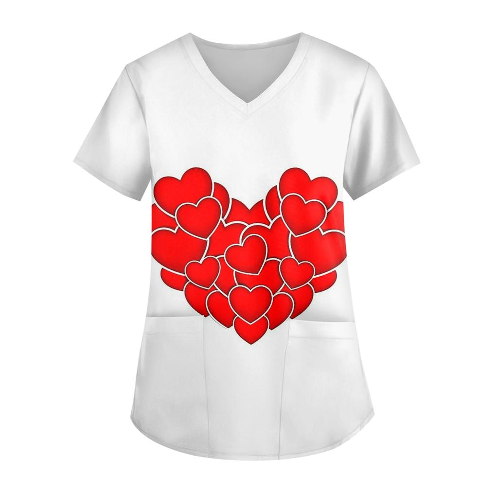Ladies' Valentine's Day Printed Fashionable V-neck Pocket Short Sleeved  Uniform And Caregiver Top