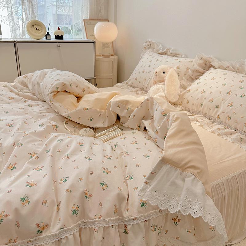 

2025 Корейский стиль 100% Хлопок Кружево Комплект Постельного Белья - Простыня на резинке, Юбка для кровати, Три предмета 1.2m Flat Sheet Set - 3 Pieces