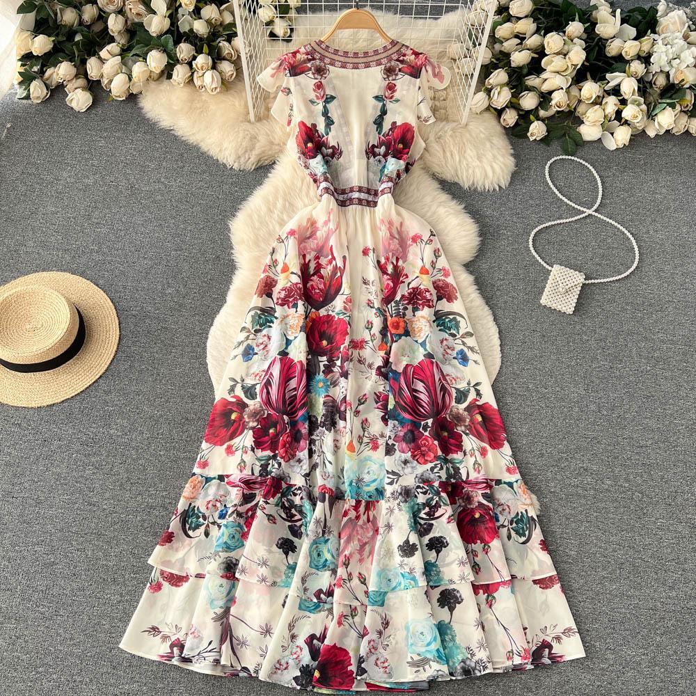 Summer Sweet Ethnic Style Retro Deep V-neck Wooden Ear Edge Sleeveless Printed Dress Women Cake Fairy Long Dress
