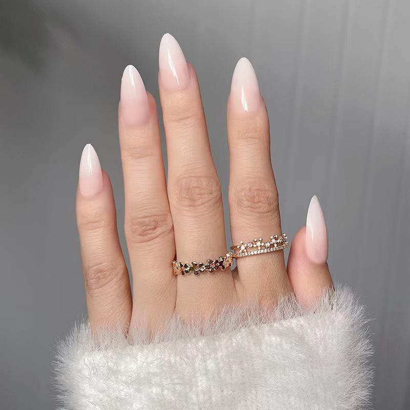

24 Almond Gradient Press-On Nails - European Style French Art with Simple, Pointed Design W116 Milky Coffee White Tip [Glue Version]