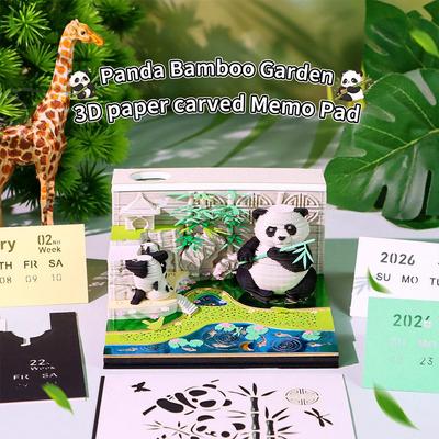 3D kalendář s časem 2026 Panda Stolní kalendář Dekorace s akrylovým pouzdrem, Papírová sochařská umělecká díla s poznámkami, Papírové řezbářství