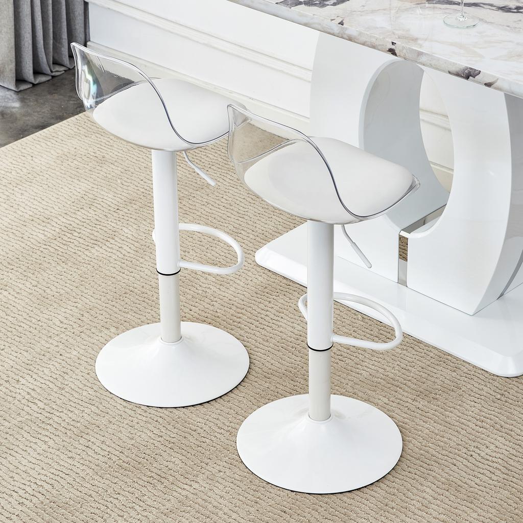 2-Pack Adjustable Bar Chair: Transparent Backrest + White Metal Legs, Height-Adjustable from 82-104 cm, 360 degrees Rotation.