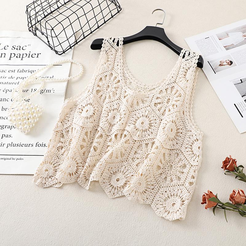 Literary and Artistic Solid Color Three-dimensional Hook-up Embroidered Lace Small Vest Large Size Women's Sleeveless Round Neck Casual Outer