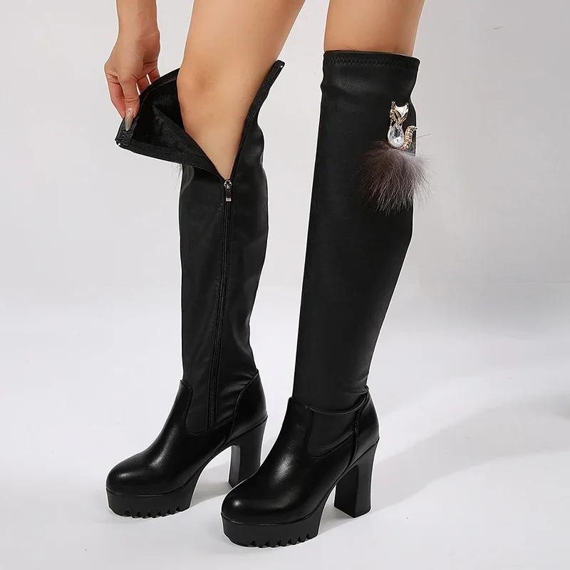 

Women Thick High Heel Black Long Boots Chunky Platform Faux Leather Boots Metal Fox Decor Over-The- Knee Botas Shoes 34