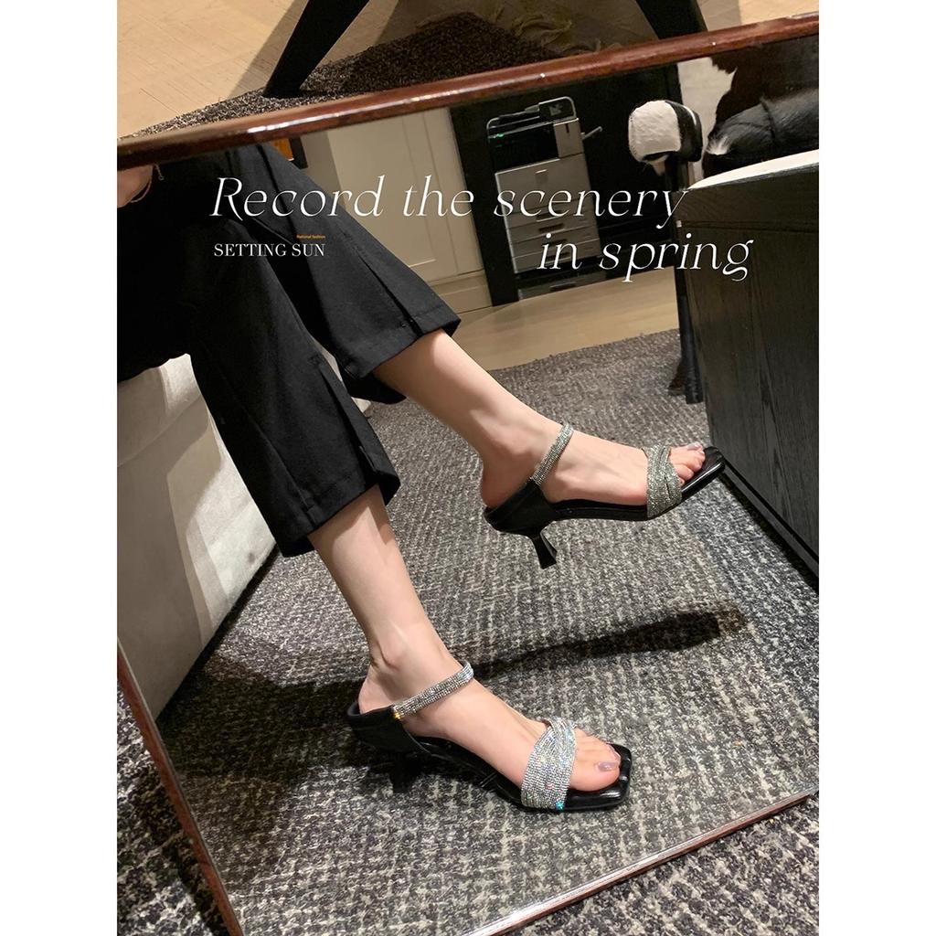 Genuine leather~ beautiful flash diamond 6cm cross word with open toe high heel sandals women's summer