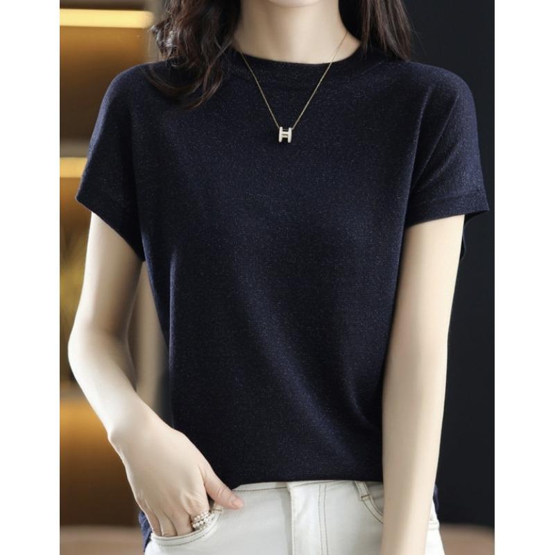 Women's Knitted Short Sleeved T-shirt Loose Ice Silk T-shirt Bright Silk Breathable Shirt