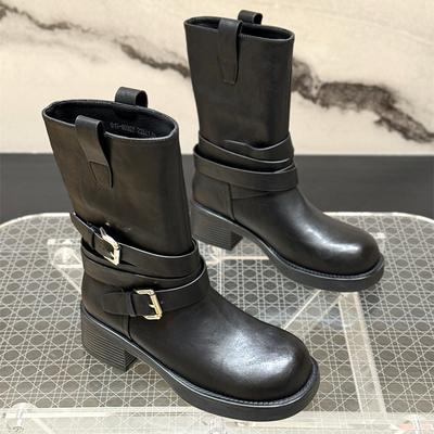 Fashion Belt Buckle Women Mid Calf Boots Punk Style Square Toe Thick Heels Shoes Autumn Winter Western Cowboy Booties