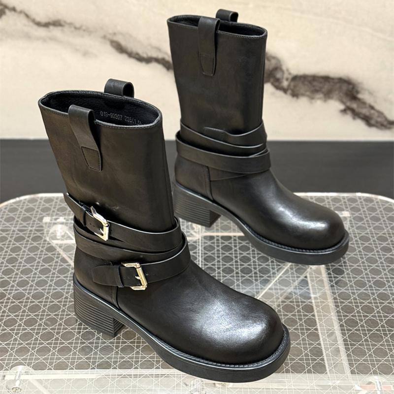 Fashion Belt Buckle Women Mid Calf Boots Punk Style Square Toe Thick Heels Shoes Autumn Winter Western Cowboy Booties