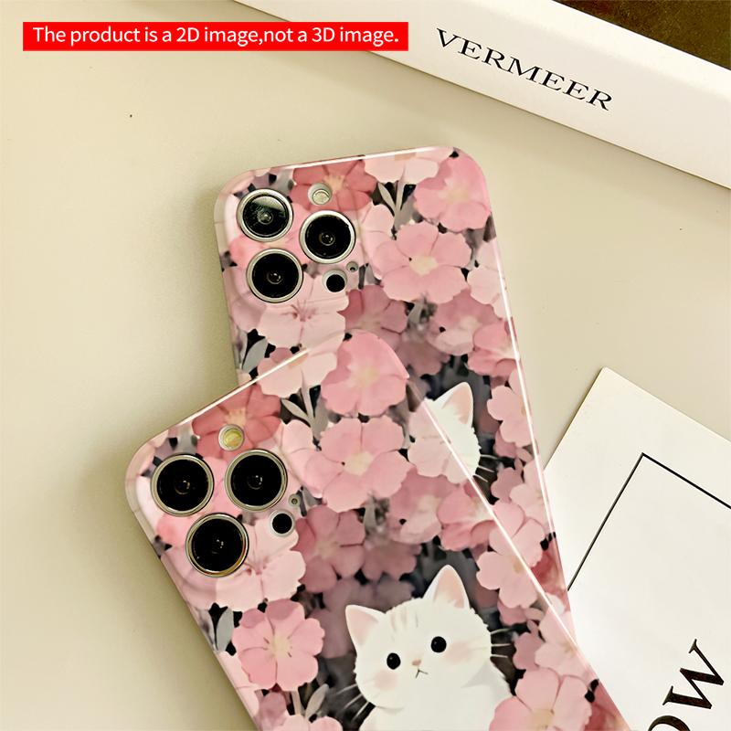 2DFlat White Kitten Among Pink Flowers Phone Case All inclusive film hard iPhone case, compatible with iPhone 18 Pro Max 17 16 15 14 13 12 11