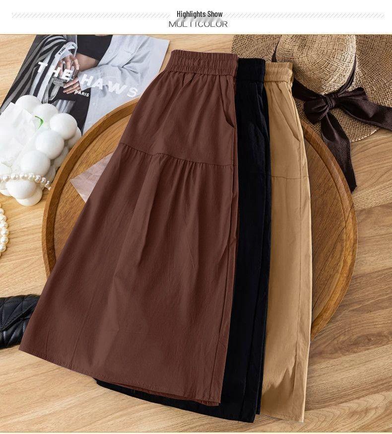 Women's A-Line Elastic Waist Skirt - Three-Quarter Length, Solid Color, Spring/Summer/Autumn Styles Available