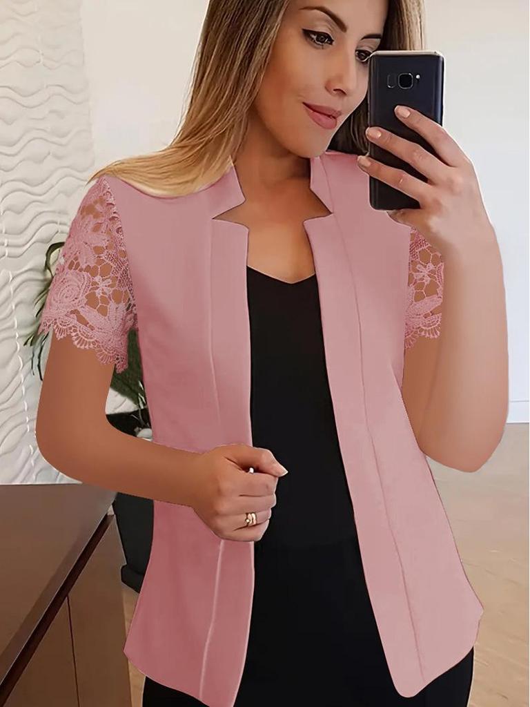 Blazer Trendy Culoare Solidă Dantelă Mânecă Scurtă 2024 – Costum Versatil Profesional și Casual