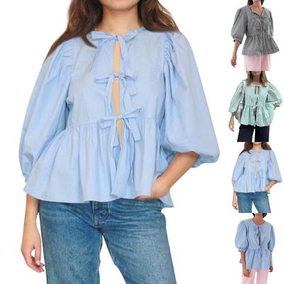 Tie Front Tops For Women Peplum Babydoll Top 3/4 Length Puff Sleeve Tops Cute Going Out Tops