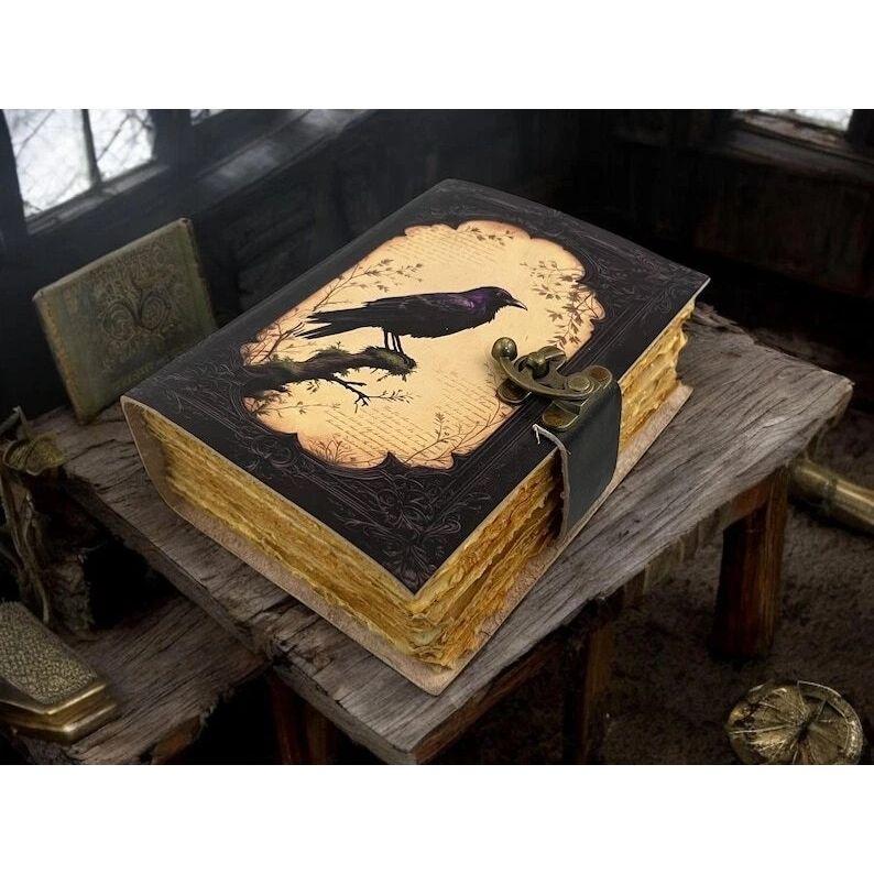 Large Grimoire Raven Leather Journal Vintage Leather Journal Blank Spell Book