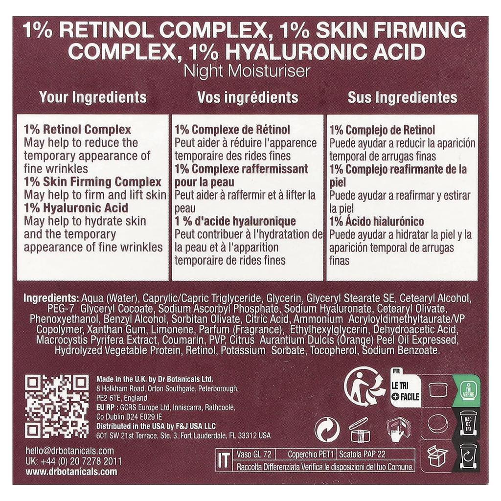 Dr. Botanicals, Re1, Retinol Complex, Skin Firming Complex & Hyaluronic Acid, Night Moisturizer, 60 Ml (2 Fl Oz)