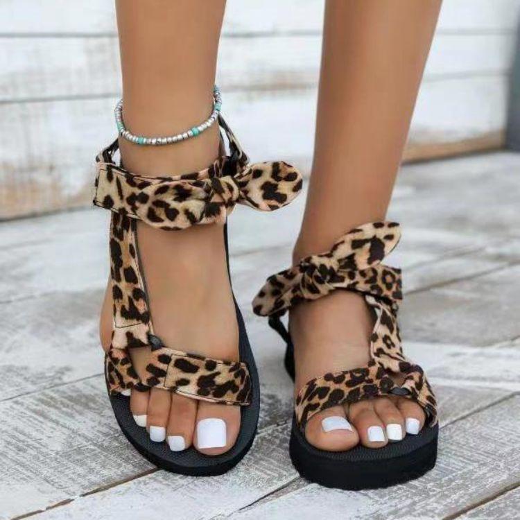 2025 Summer Large Size Beach Shoes Female Velcro Bow Round Head Flat Bottom Leopard Print Sandals Female Elegant Generous Shoes