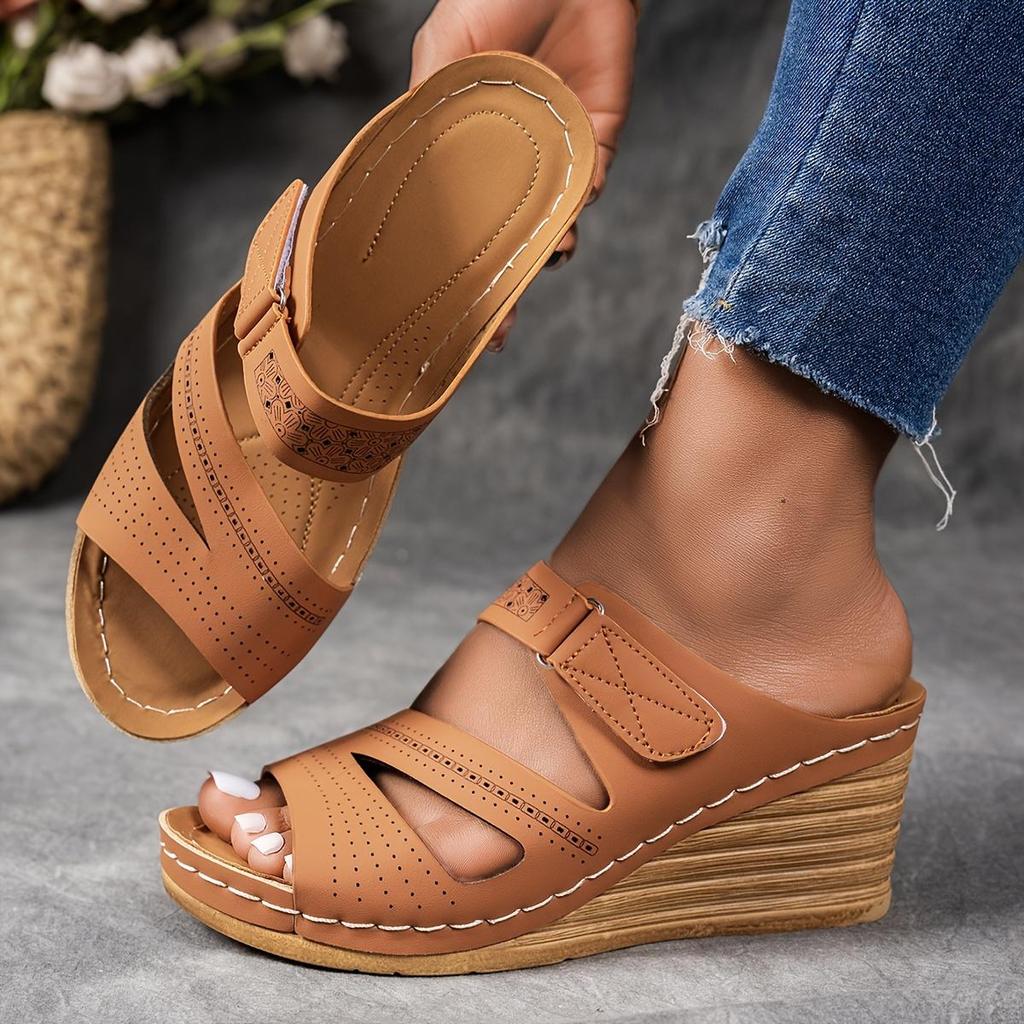 Ladies' Fashion Slope Heel Sandals - Casual Open Toed, Thick Bottom, Breathable PU Coverage, Suitable for All Seasons, Ladies' Sandals