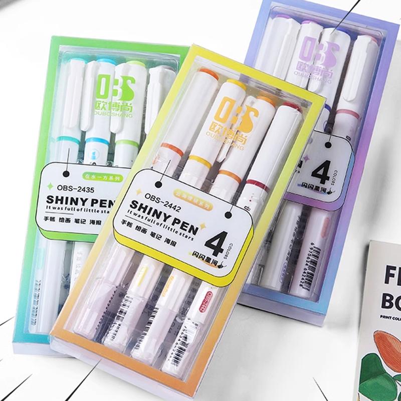 4pcs Metallic High Lighter Pen Fluorescent Glitter Markers Note Taking Shining Pen For Scrapbooking Drawing Art School Supplies