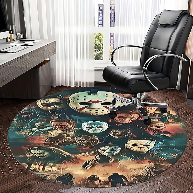 Horror Movie Characters,Halloween Mask Print Chair Mat Round Rug Office Carpet, Machine Washable, Non Slip, Suitable for Living Rooms, Bedrooms