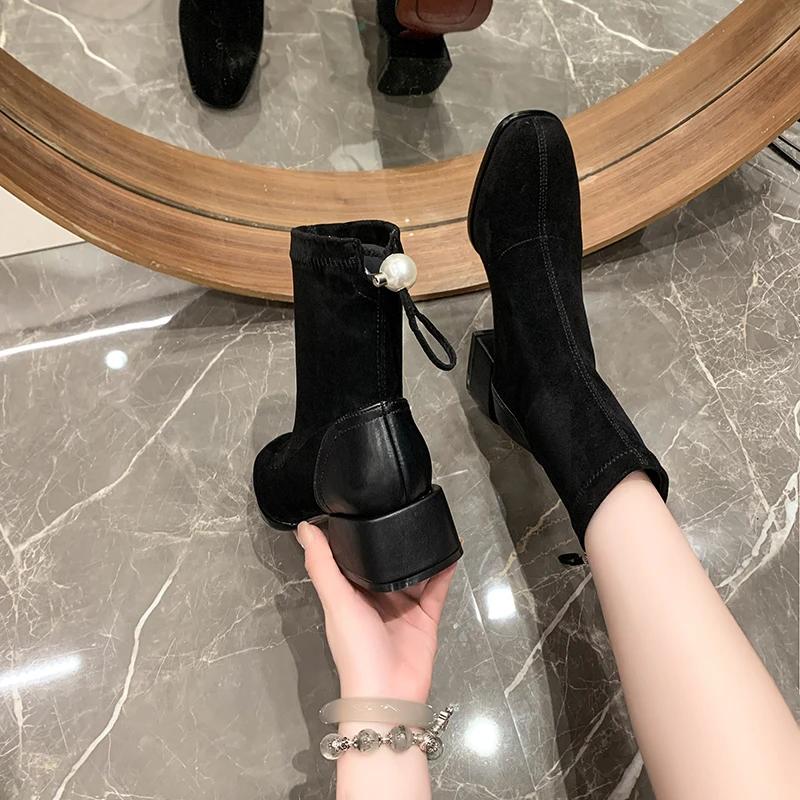 Fashion 2024 Fashion Ladies Shoes Zipper Women's Boots Autumn Winter Square Toe Suede Warm Solid Short Barrel Chunky Heels Women Boots