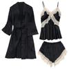 Women's Ice Silk Satin V-Neck Pajama Set - Three-Piece with Spaghetti Straps, Shorts, Robe, and Breast Pads