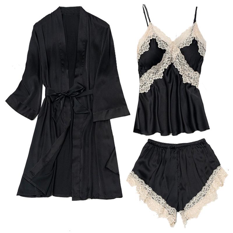 Women's Ice Silk Satin V-Neck Pajama Set - Three-Piece with Spaghetti Straps, Shorts, Robe, and Breast Pads