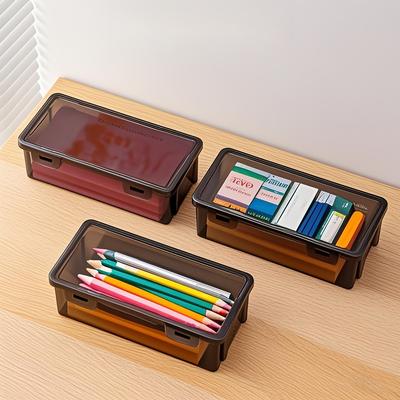 Black Transparent Plastic Storage Box with Lid for Pens, Pencils, Markers, School Supplies & Office Organization, Desk Organizer