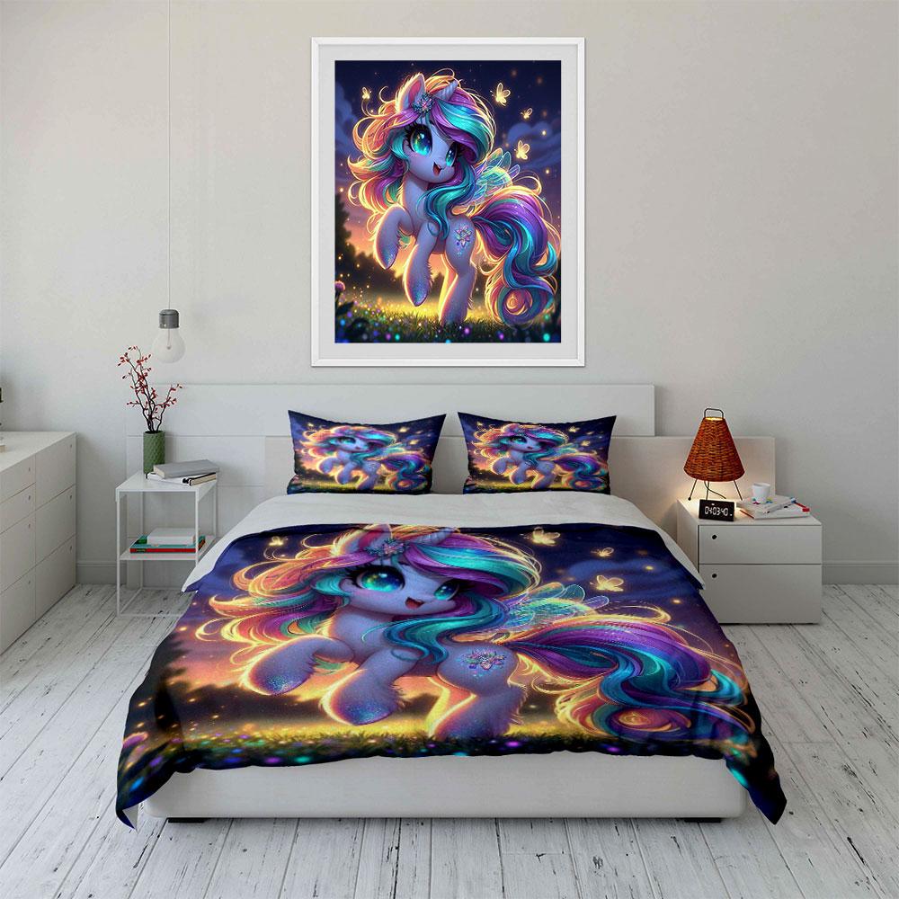 Enchanted Glowing Unicorn Flying At Night Printed Duvet Cover Set1 Duvet Cover+2 Pillowcasemulti Size Bedroom Bedding Decor