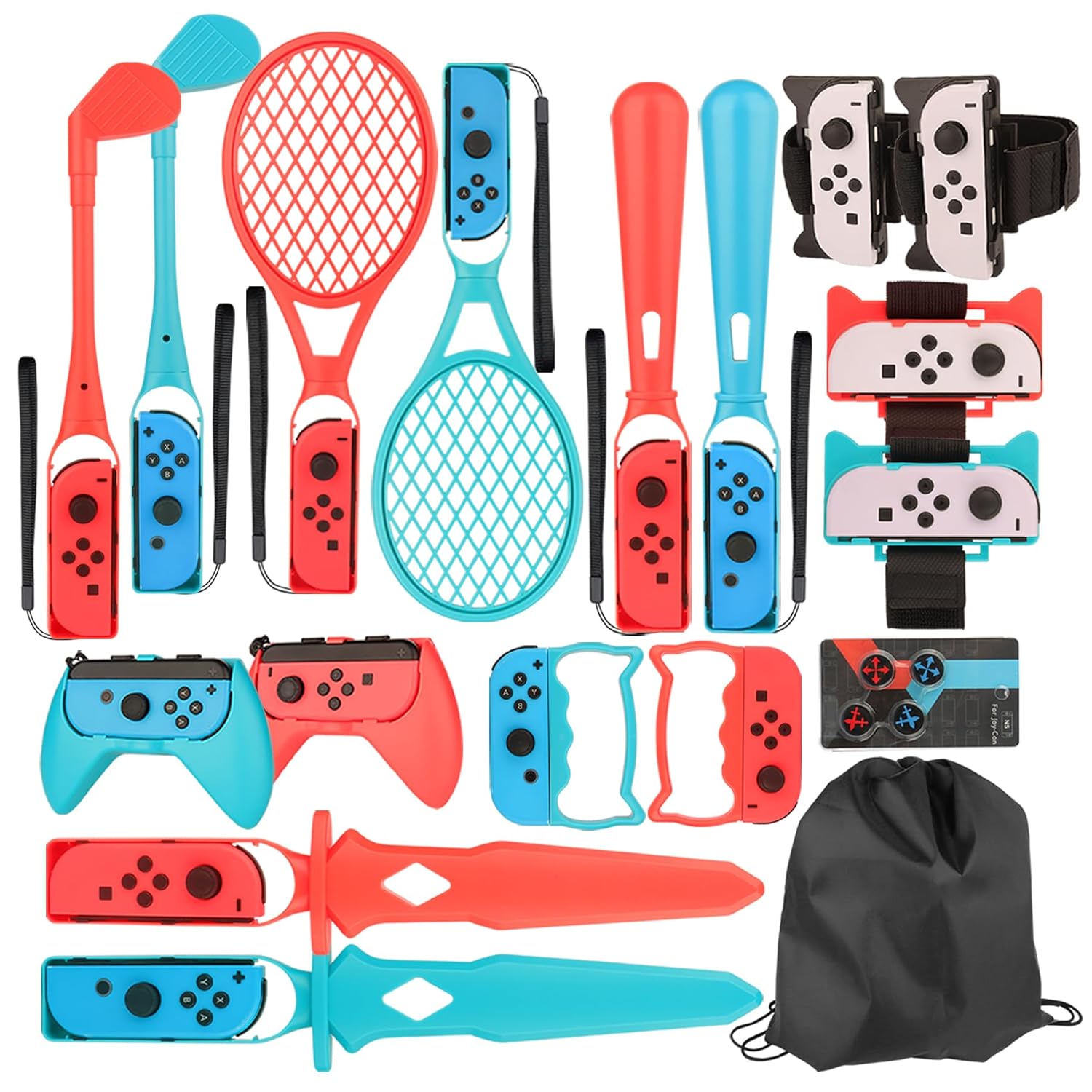 EOVOLA 18 in 1 Accessories Kit for Nintendo Switch / OLED Sports Games, Tennis Rackets, Comfort Grips Golf Clubs, Swords, Wrist Bands and Leg Strap