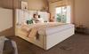 Upholstered Bed 140x200 cm Double with Hidden Cup Holder & Charging Station, Hydraulic with Storage Under the Bed, Linen Beige (Without Mattress)