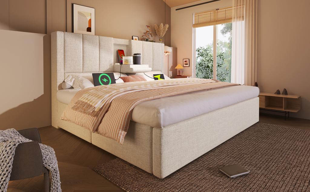 Upholstered Bed 140x200 cm Double with Hidden Cup Holder & Charging Station, Hydraulic with Storage Under the Bed, Linen Beige (Without Mattress)