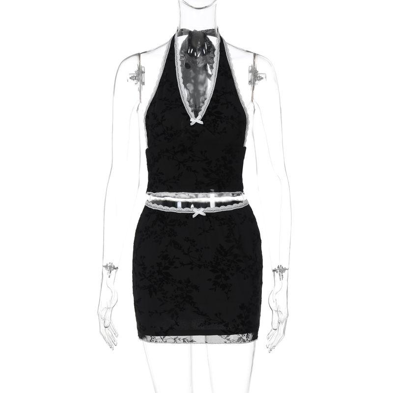 

Ветреный Американский Сексуальный Чистый Желание Костюм Сладкий и Острый Шик Кружевная Вставка Холтер Бретели Спагетти Топы + Мини-юбка с Низкой Посадкой Black S