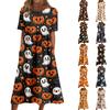 Women's Casual Halloween Print Dress with Round Neck and Pockets for Parties