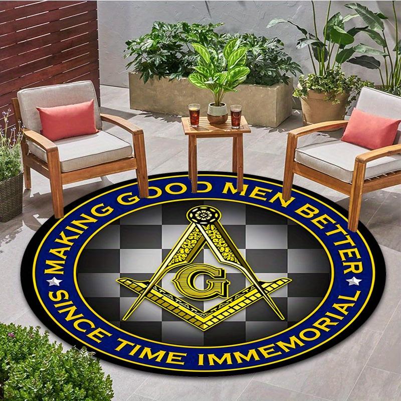 Freemason Square Compass G Logo Round Rug Flannel Masonic Symbol Decor For Man Cave Office Study Room Gold Blue CheckeredNonSlip