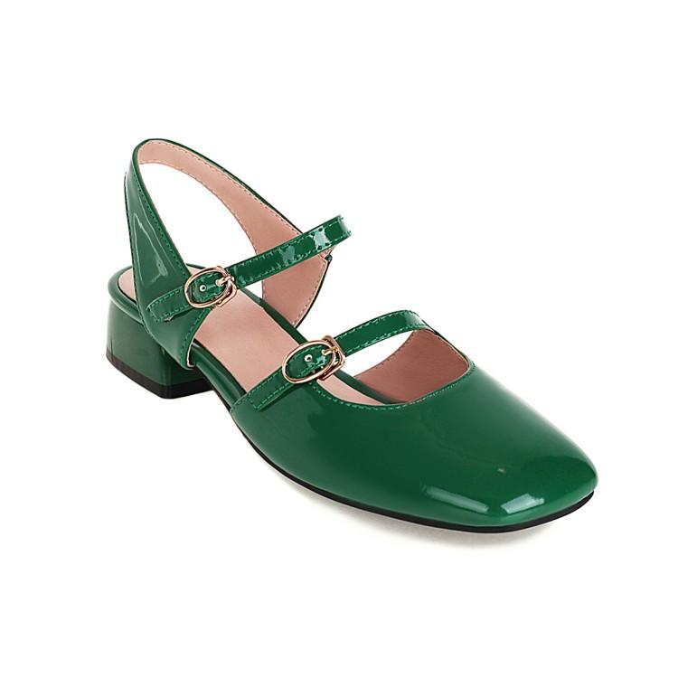 Patent leather women sandals ankle strap square toe sandals high heel shoes green
