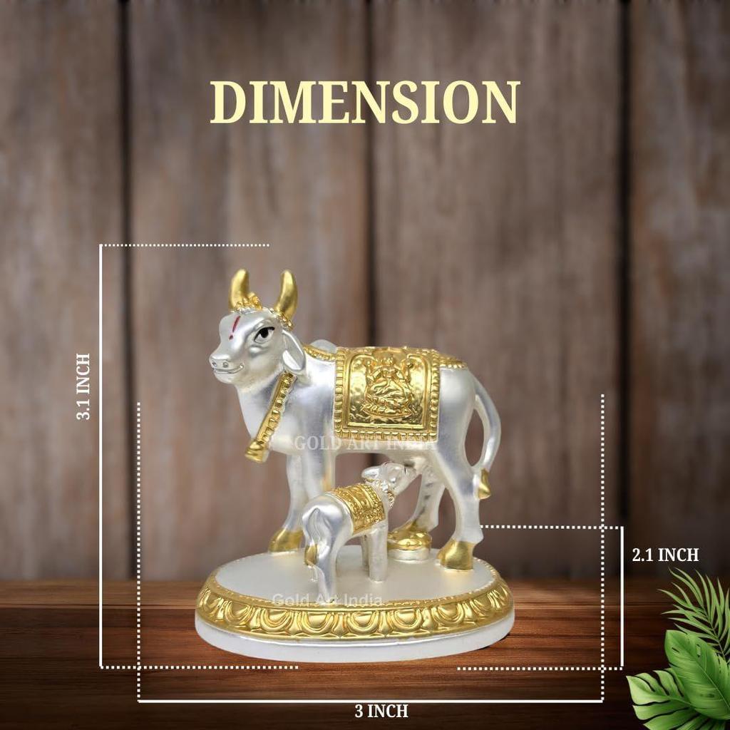 Kamdhenu Cow with Calf Idol Gold Silver Plated with Matte Finish | Home Decor Gaay Bachda Cow| Positive Energy | Wealth Idol Diwali Puja