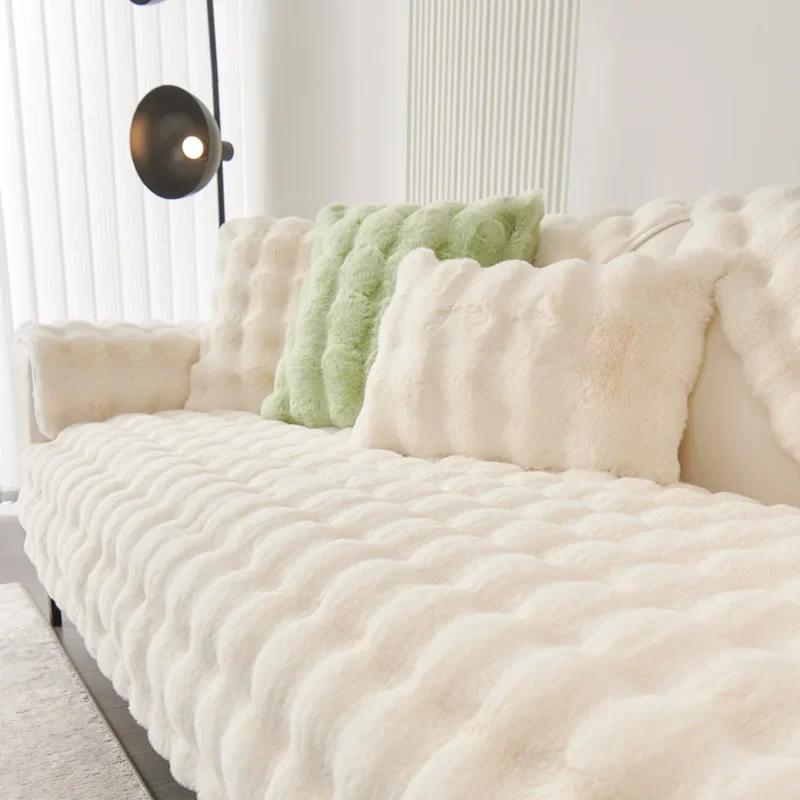 Warm Velvet Non-Slip Cushions Winter Thick Plaid Plush Sofa Cover  Living Room Flannel Couch Covers Universal Armrest Back Towel