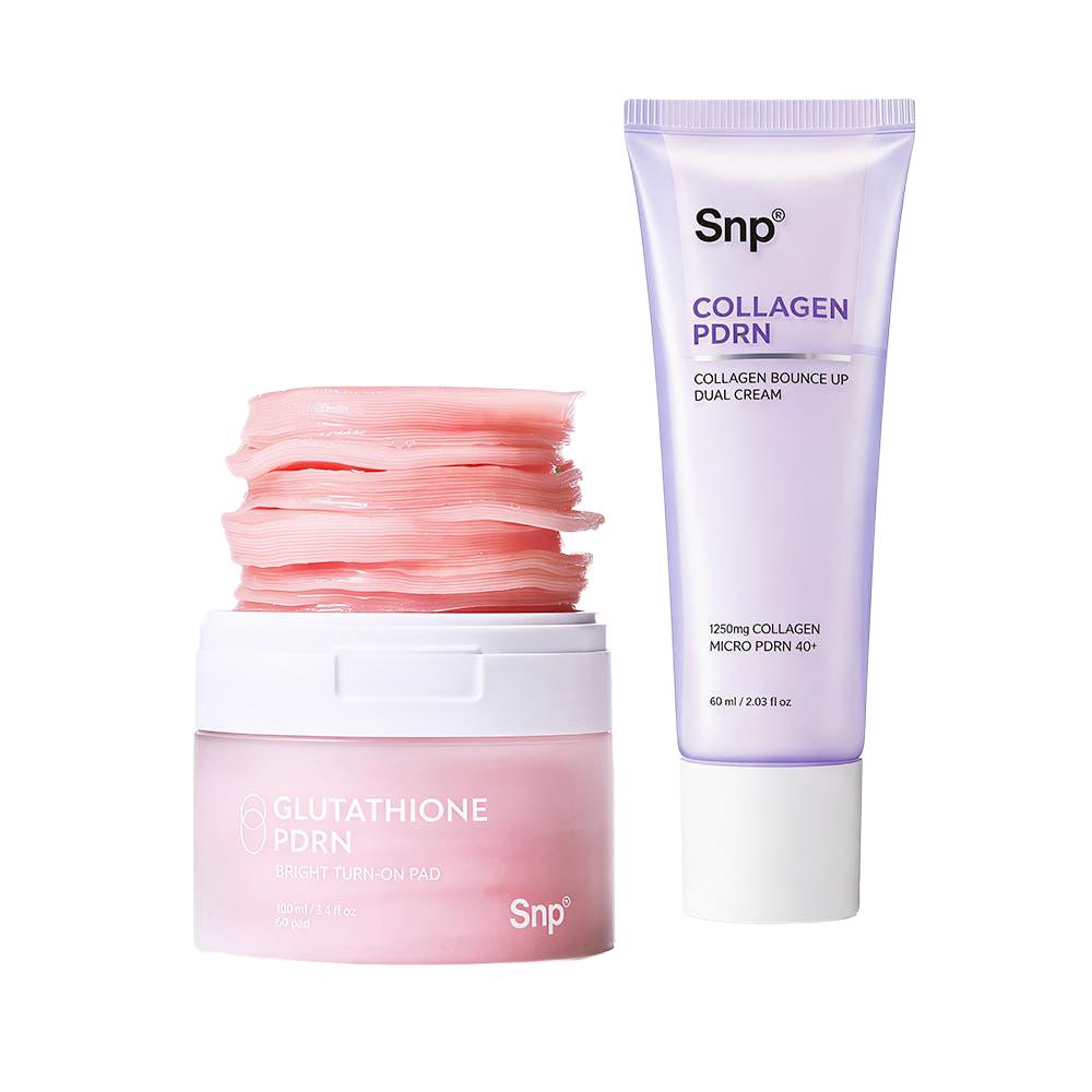 Snp Glutathione PDRN Dark Spot Radiance Toner Pad 60 Sheets and Collagen PDRN Dual Cream 60ml 2 Piece Skincare Routine Set