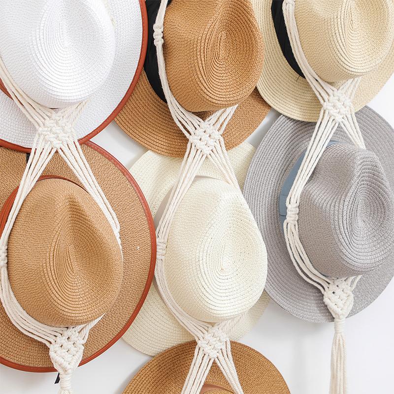 Nordic Boho Cotton Rope Hanging Hat Organizer Display Rack Cap Holder Scarf Hanger Macrame Home Wall Decor