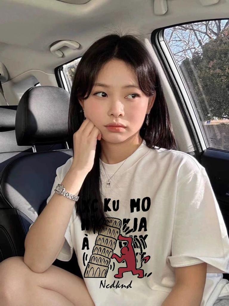 2025 Women's White Pure Cotton Short-Sleeve T-Shirt - Casual American High Street Style