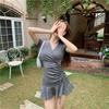 2022 Summer V-Neck Short Sleeve Drawstring Pleated A-Line Fishtail Dress for Women