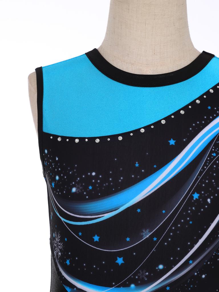 Girls Stylish Print Round Neck Sleeveless Patchwork Gymnastics Leotard Figure Skating Acrobatics Dance Bodysuit