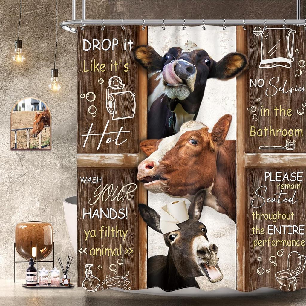 Funny Cow Shower Curtain with Western Bull & Donkey Design – Rustic Barn Door Farm Animal Bathroom Decor